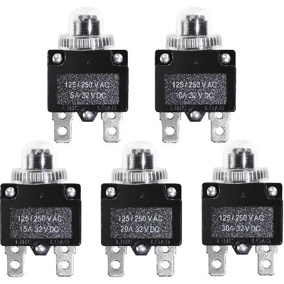 5PCS 5,10,15,20,30Amp Circuit Breakers With Manual Reset 32VDC,AC125-250V With Quick Connect Terminals
