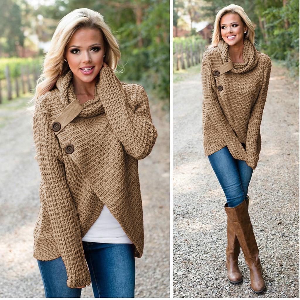 Casual Solid Knit Sweater Ladies V Neck Crew Neck Warm Daily Long Sleeve Blouse