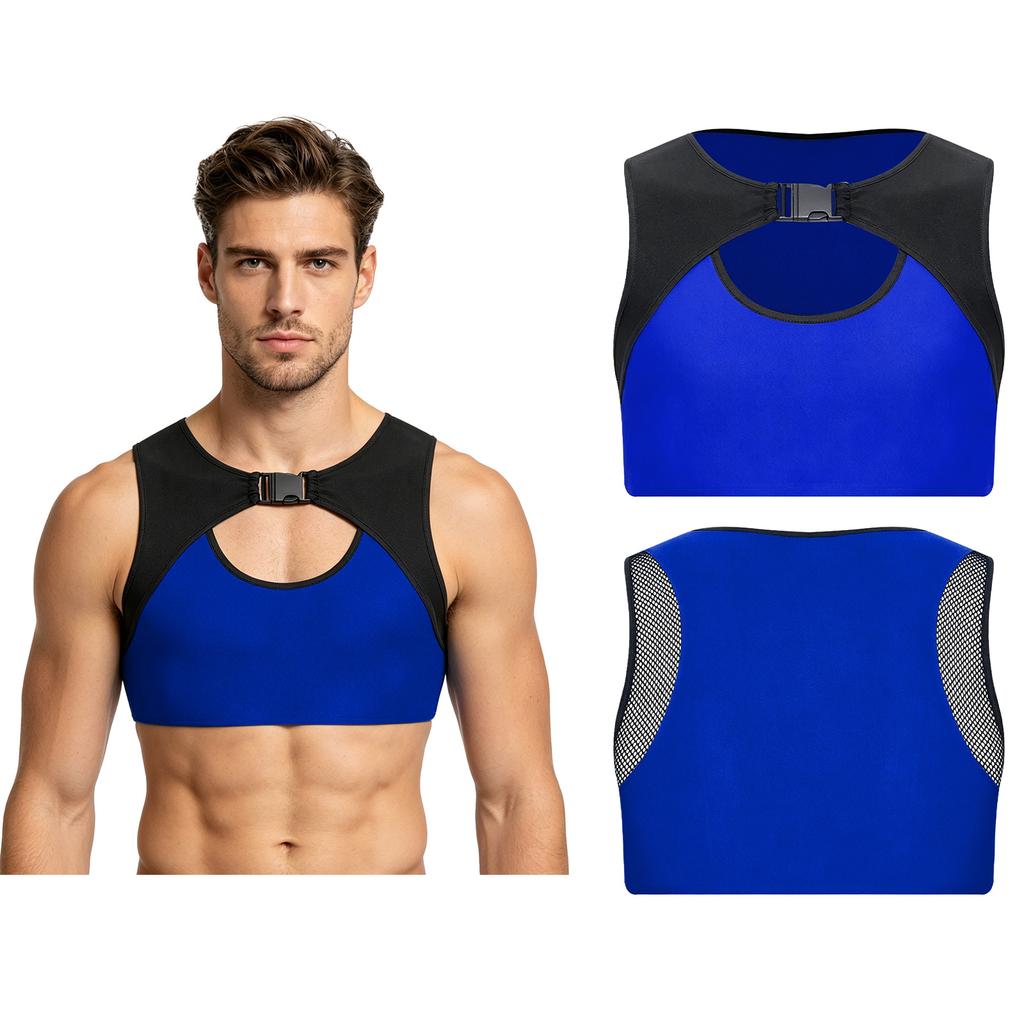 Men Mesh Patchwork Crop Top Sleeveless Front Hollow Out Buckle Color Block Vest Tank for Wrestling Running Training Workout