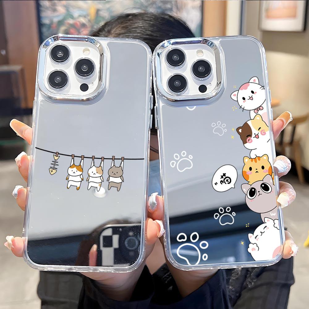 Japanese and Korean Cartoon Cute 16promax Mobile Phone Case Stacked Cat iPhone17 Cute Pet 12 High-end Makeup Mirror Case