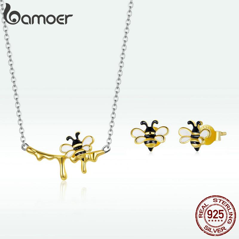 Bamoer 925 Sterling Silver Enamel Bumblebee and Sweet Honey Shiny Necklace and Earring Studs for Women Fashion Jewelry Set