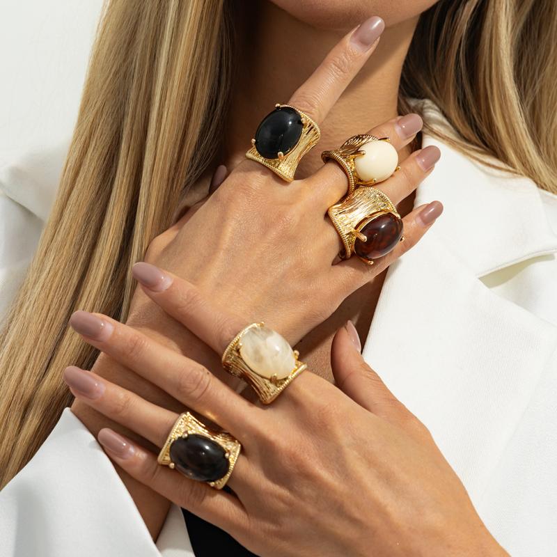 Rock Punk Hip Hop Vintage Elegant Black Brown Shading Resin Stone Chunky Metal Ring For Women Girl Jewelry Accessories Gift