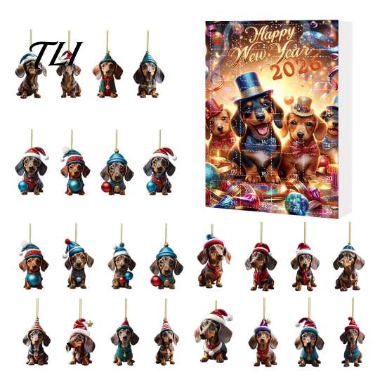 Scatola Regalo Conto alla Rovescia per le Feste Calendari dell'Avvento Bassotto 2026, 24 Giorni Ciondolo Acrilico 2D Calendario Decorativo Natalizio con Ciondoli Cane, Collezionabile