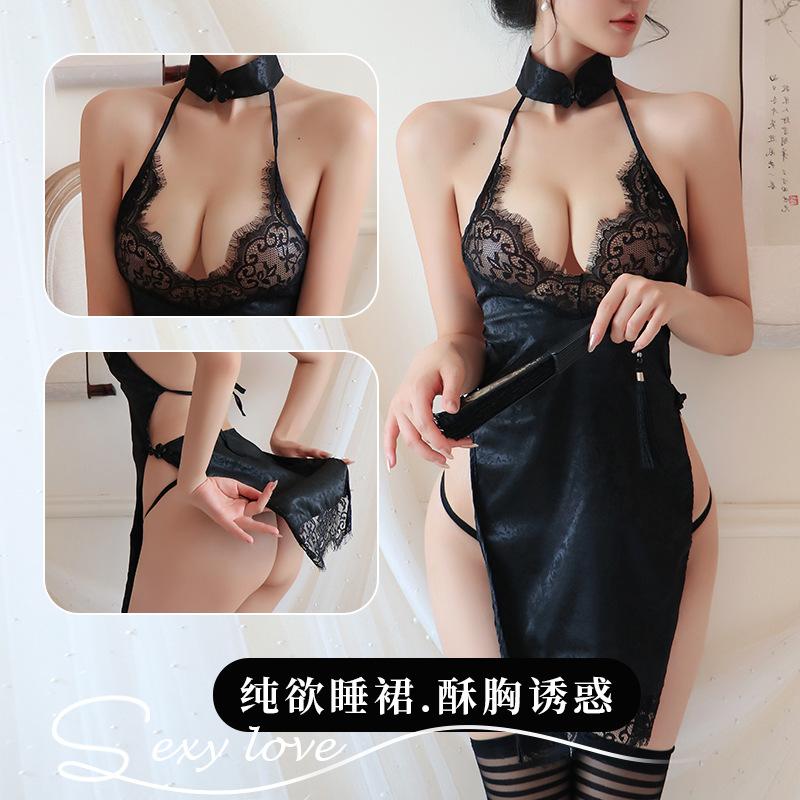 Sexy lingerie sexy temptation high split bed passion free perspective lace cheongsam woman