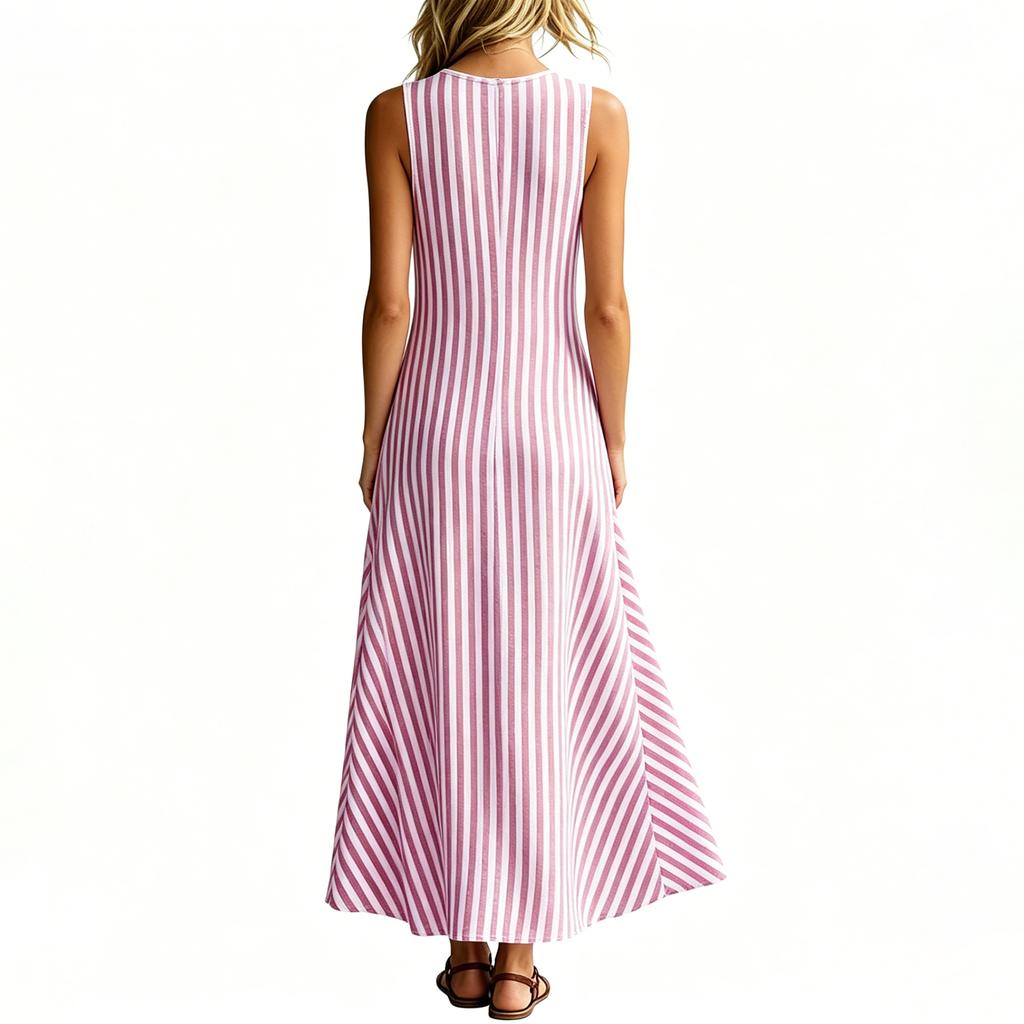 Women's Casual Sleeveless V Neck Maxi Dress with Vertical Stripes Button Detail Side Pockets Comfortable Loose Fit Summer Dress