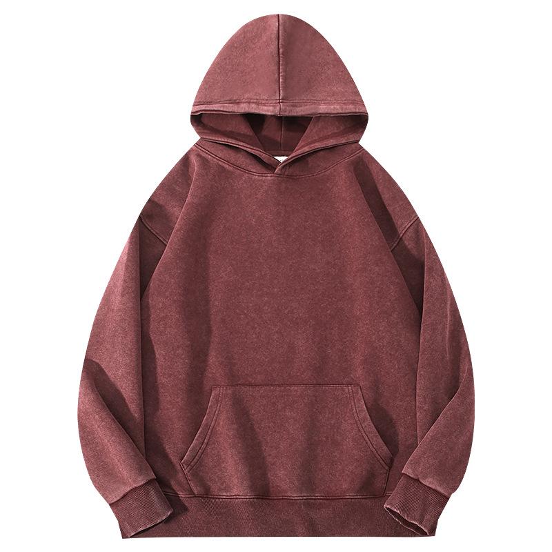 350g Vintage Washed Men's Hoodie - EU Size, Drop Shoulder, Solid Color, Thickened, Heavyweight