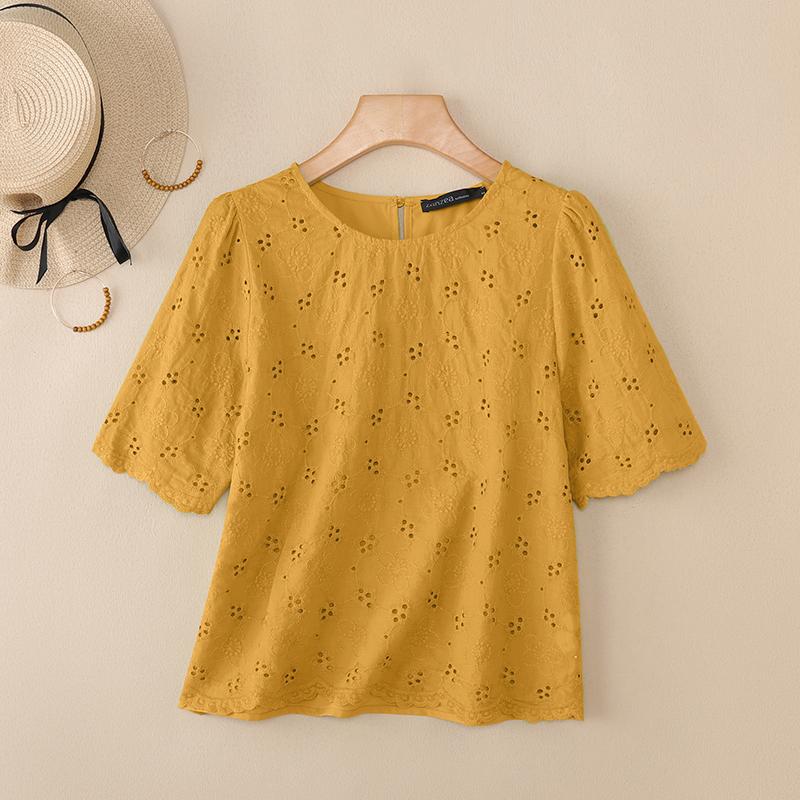 

ZANZEA Женская повседневная блузка с круглым вырезом, летняя, с коротким рукавом, с вышивкой, вязаная крючком, в стиле пэчворк XL