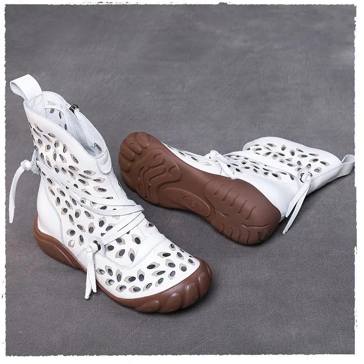 Johnature Ethnic Style Summer Boots Retro Genuine Leather Hollow-out Soft Sole Breathable Women's Shoes