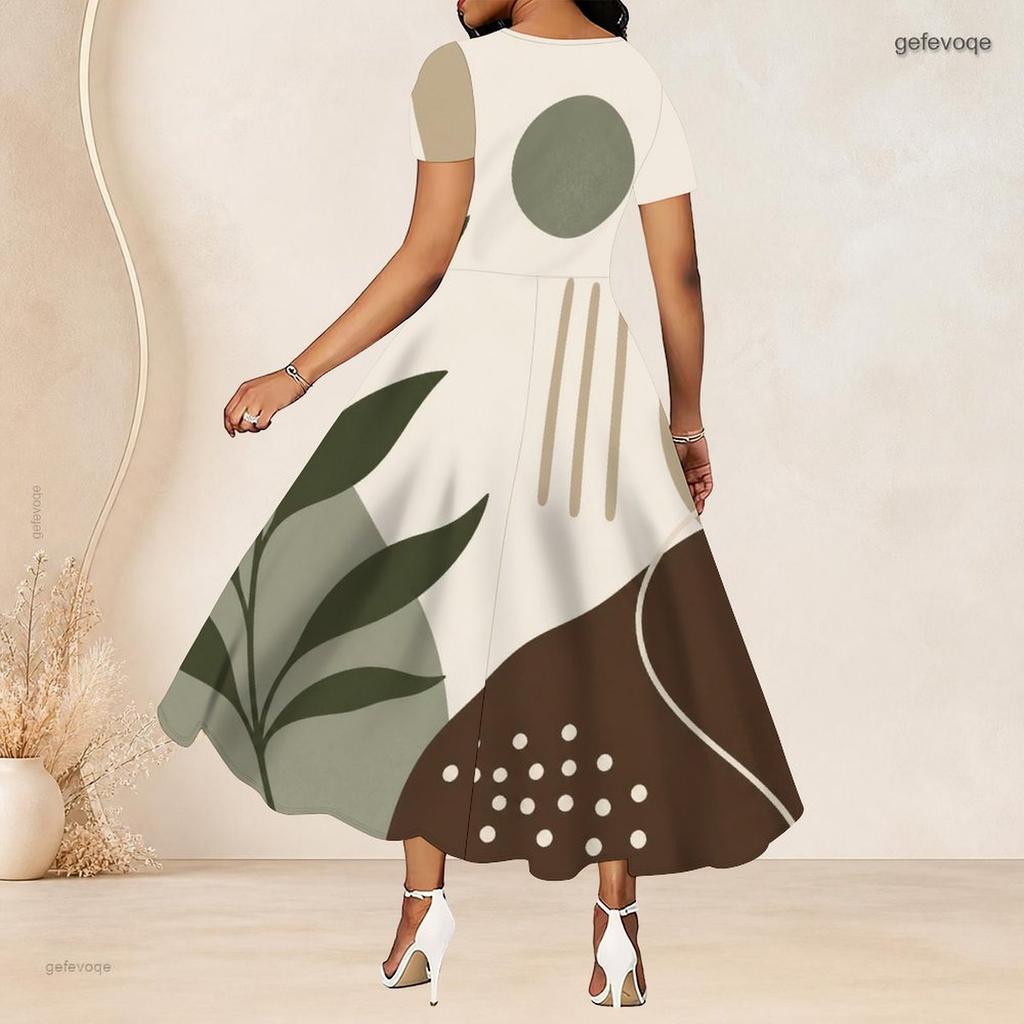 Women Plus Size Round Neck Short Sleeve Abstract Printed White Purple Gray A Line Long Dress