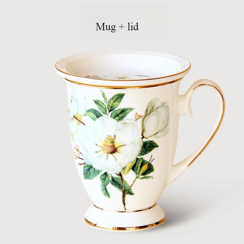 Light Luxury Ceramic Tea Mug 300ml - Fine Porcelain Bone China Coffee Mug with Gold Trim, Camelia Floral Vintage Tea Cups with Handle,1pc