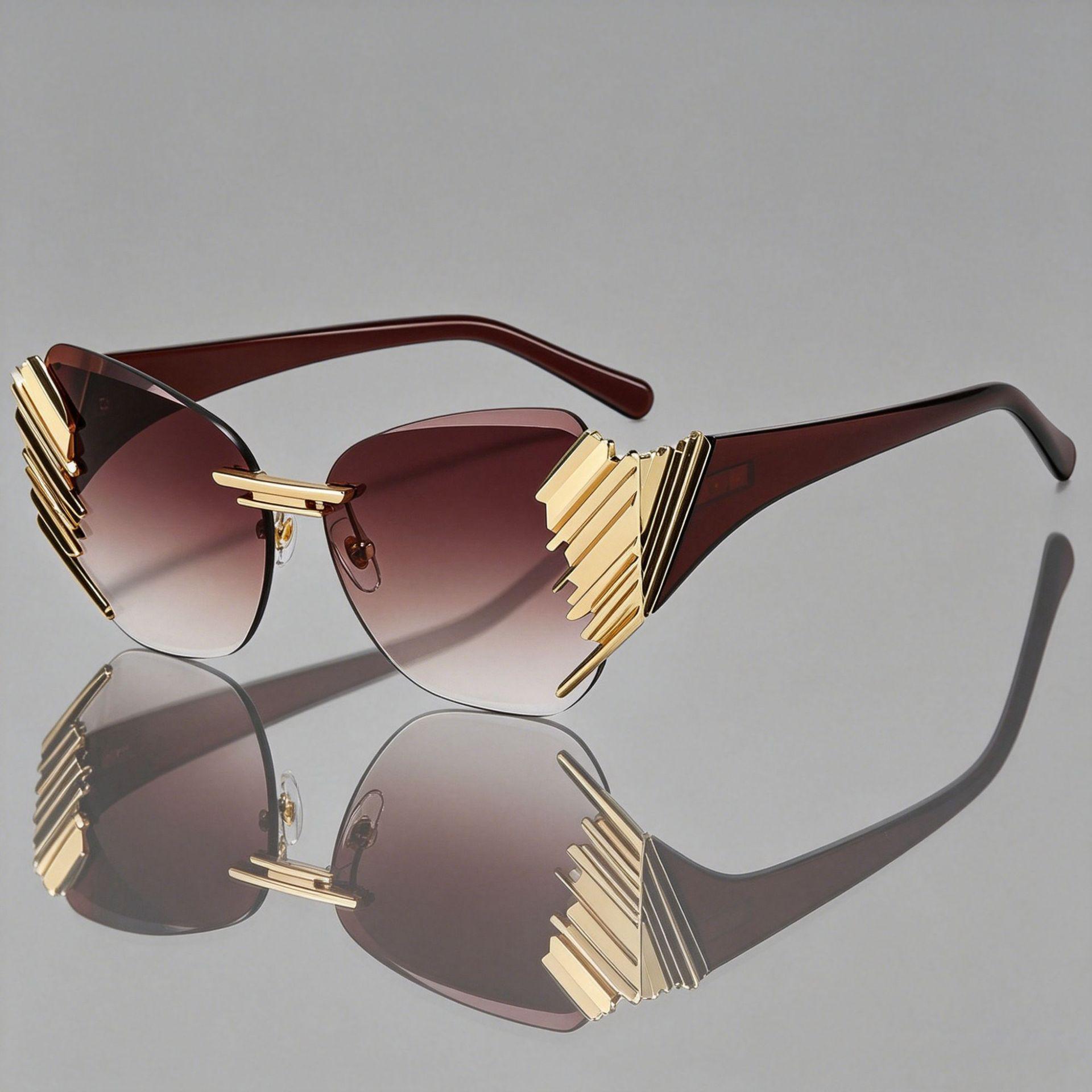 Rimless Cat Eye Sunglasses - Women s Trendy Large Frame 9138