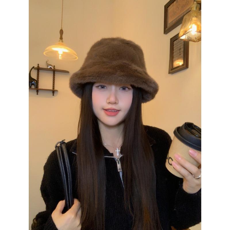 Women S Plush Bucket Hat Korean Style Solid Color Autumn Winter Warm