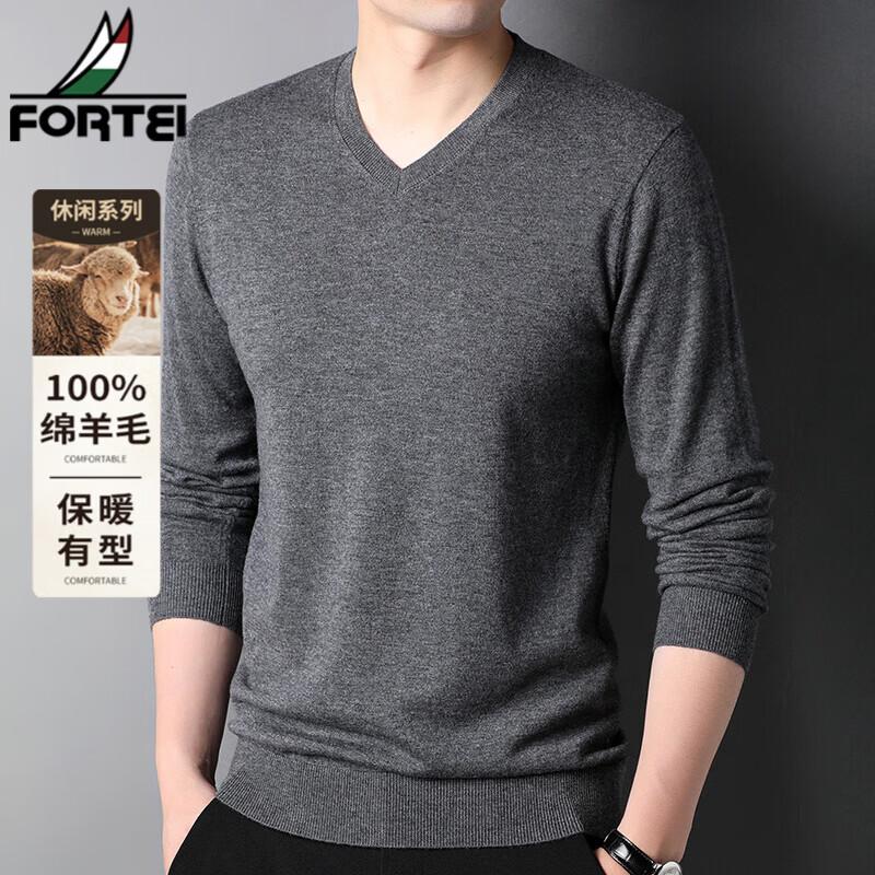 FORTEI Men's 100% Pure Wool V-Neck Pullover Sweater