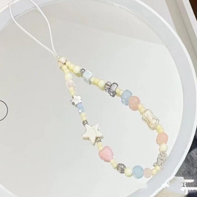 Sweet Pink Star Beaded Phone Charm Strap Pendant Korean Bracelet For Iphone Accessories Hanging Rope Girl Jewelry Cord