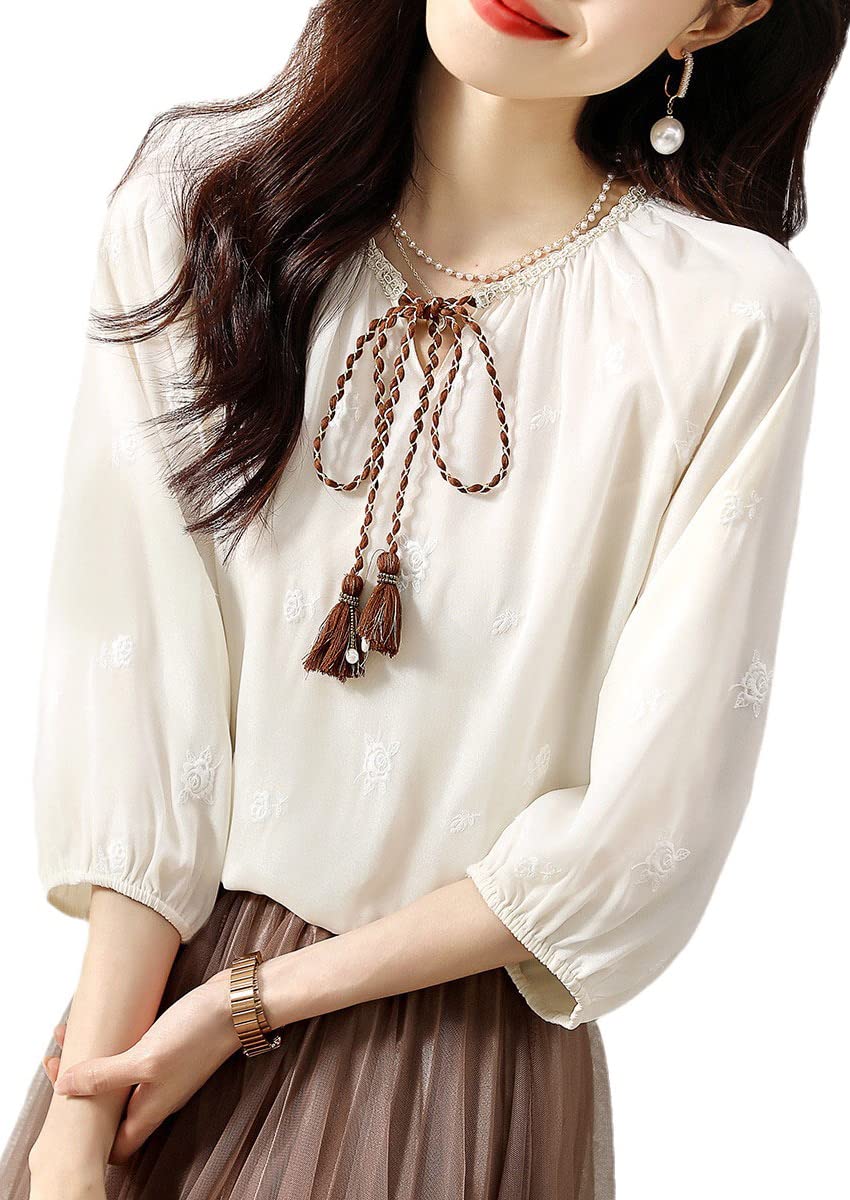 

Блузка Летние топы Рукав Богемный стиль Шифон Вышивка Цветочный Круглый вырез Топ Пуловер Свободный Женственный Чистый Взрослый Повседневный [H. zroy] Женский 3/4 бежевый