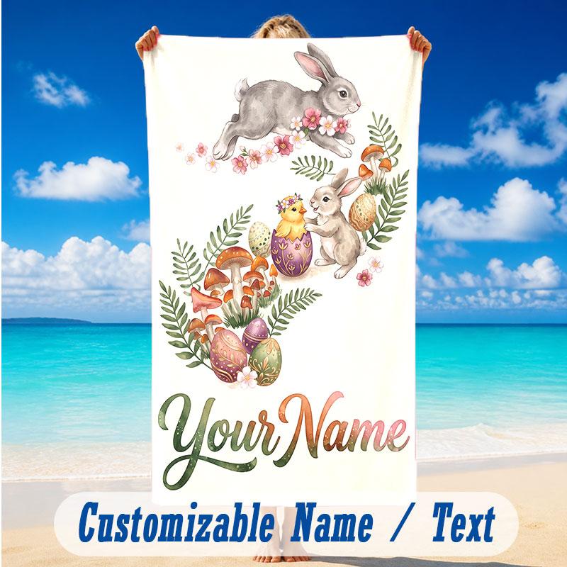Easter Bunny Theme Beach Towel Personalized Custom Name & Text Soft Quick Dry Beach Towel for Swimming Travel