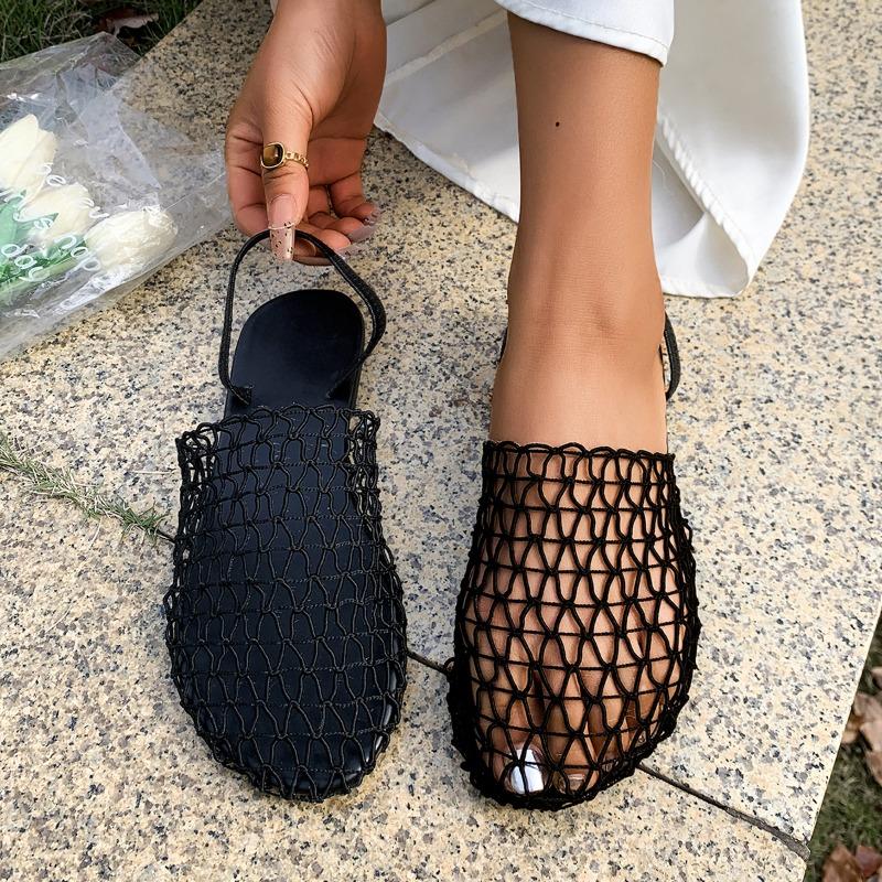 Fishnet Woven and Perforated Roman Sandals for Women, Summer Breathable Flat-bottomed Toe Half-slippers, Outdoor Beach Sandals