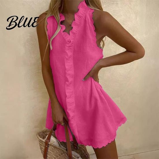 Lightweight Cotton Dress Summer Ruffle Mini for Women Sleeveless V Neck Beach Resort Wear Linen Short Dress Boho Vacation Casual A-Line Sundress
