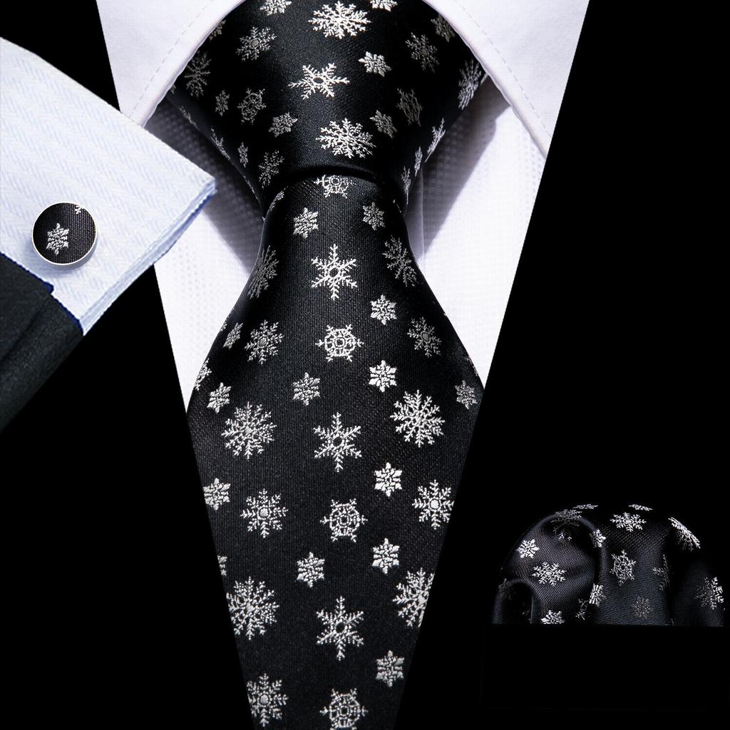 Barry Wang Men Tie Hankerchief Cufflinks Set Black White Snowflake Cartoon Pattern Christmas Atmosphere Tie