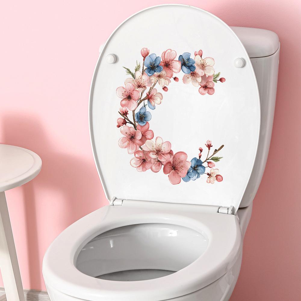 Hand Painted Floral Wreath Toilet and Multi-Surface Sticker Set Waterproof Self-Adhesive Removable Decal for Bathroom WC Home Decor