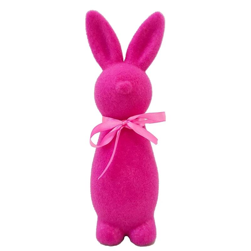 Standing Easter Bunny Decor with Bow Flocked Rabbit Figurine - Premium Material Craft Cute Design Festive Atmosphere Decoration