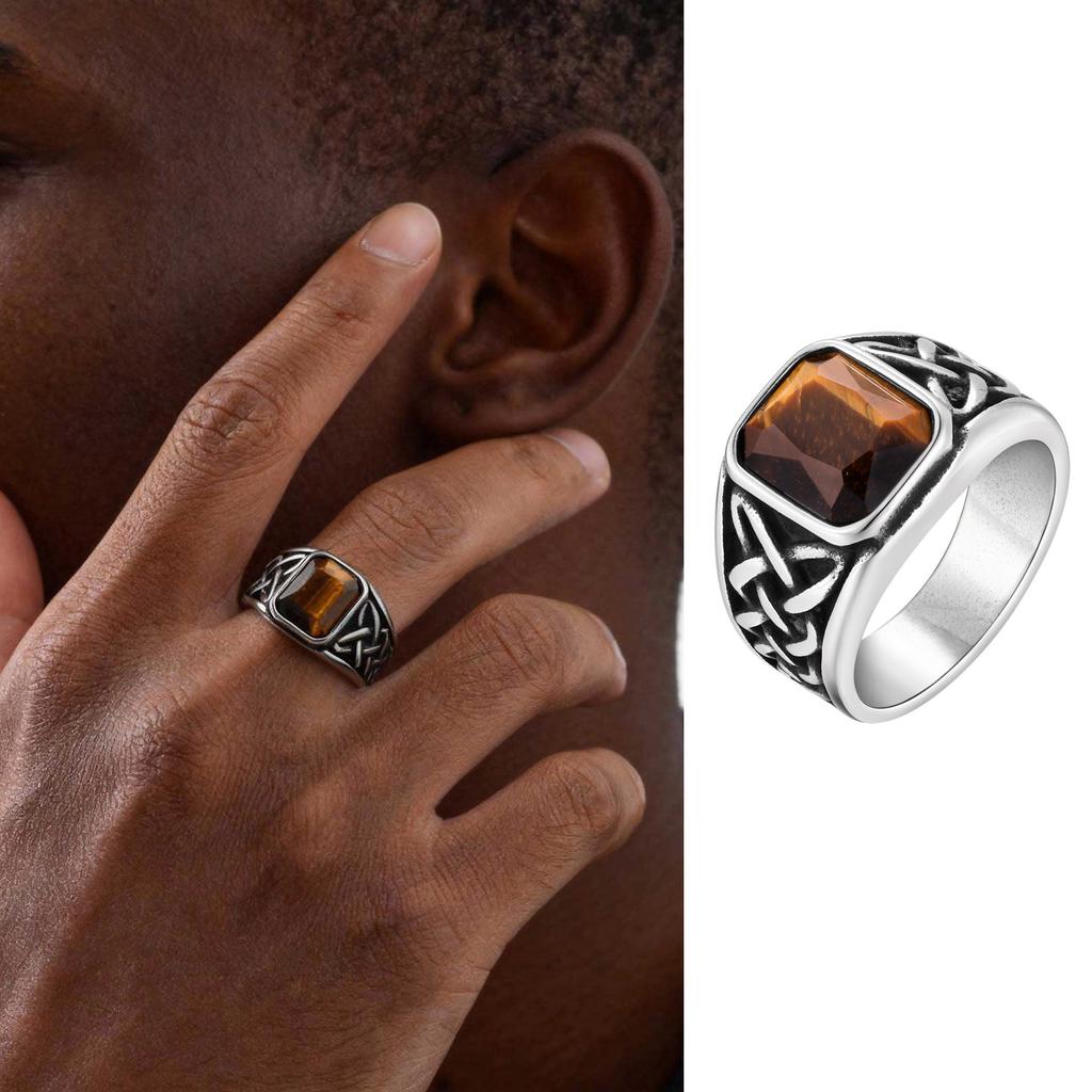 Punk Vintage Etniske Ringe til Mænd, Retro Vikingeknude Runefingerring, Sort Geometrisk Firkantet Sten Seglring Smykker