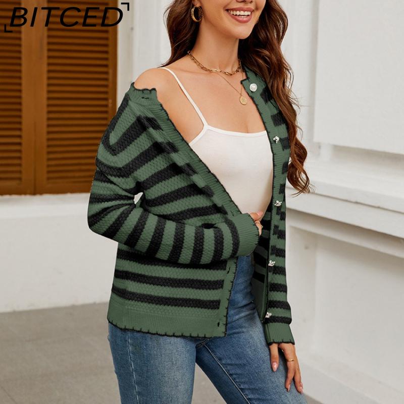 BITCED Autumn/Winter Women's Striped Knitted Cardigan with Buttons