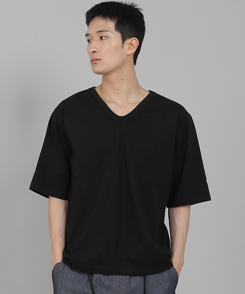 Seinteukeulu Plain V-Neck 16S Cotton Knee-Length Short Sleeve T-Shirt V-8A01 Black