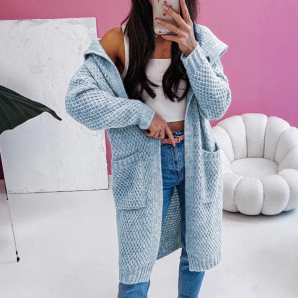 Sweater for Women In Autumn and Winter Solid Color New Loose Hooded Long Pocket Knitted Cardigan Pocket Jacket