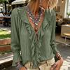 Women's Color V-Neck Ruffle Tie Long Sleeve Blouse Loose Fit Casual Top for Everyday Wear
