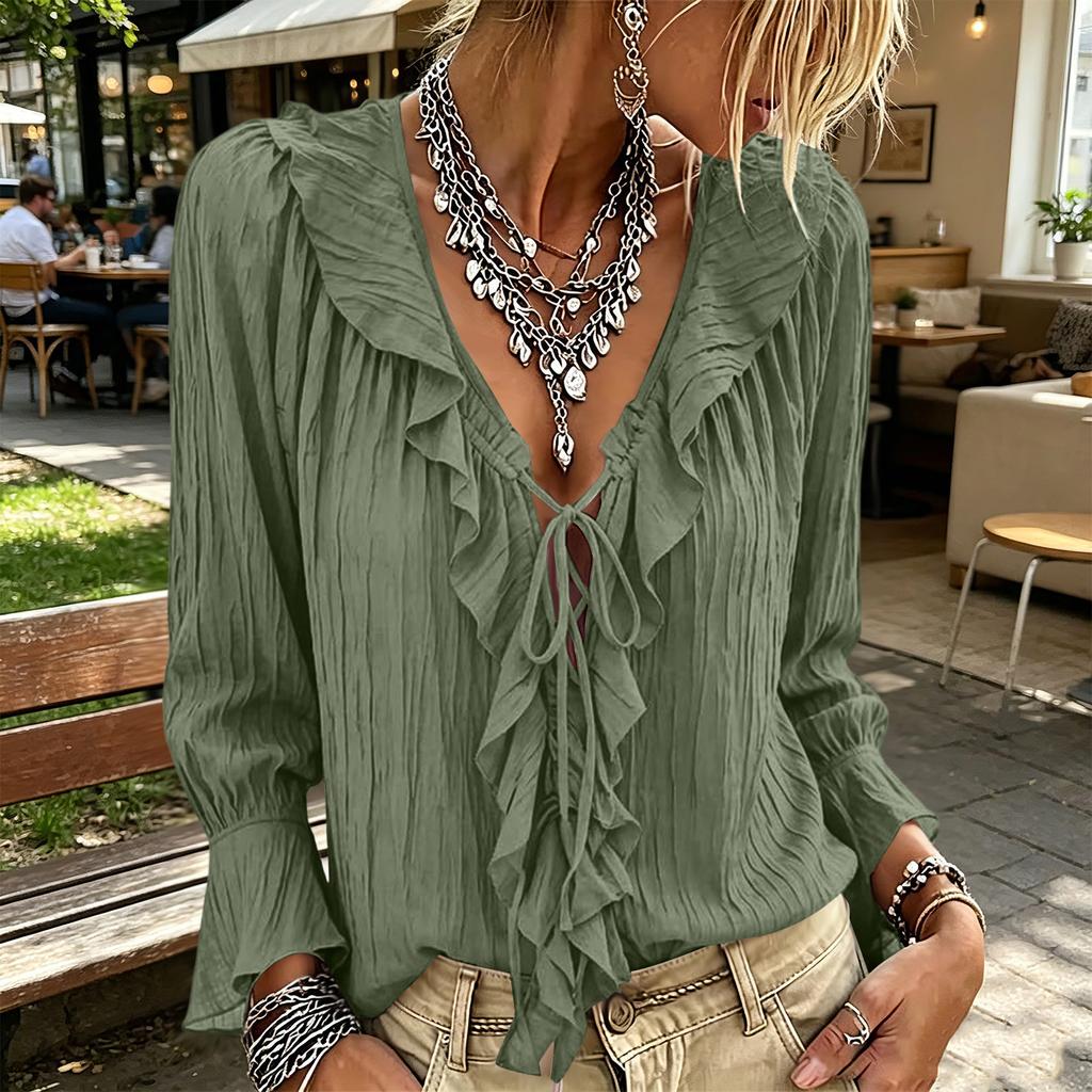 Women's Color V-Neck Ruffle Tie Long Sleeve Blouse Loose Fit Casual Top for Everyday Wear