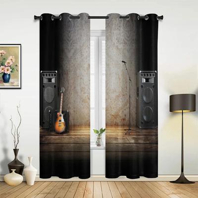 2 Stück Musikbühne E-Gitarre Instrument Design Sonnenschutzvorhänge für Wohnzimmer Schlafzimmer Heimdekoration Dünne Vorhänge