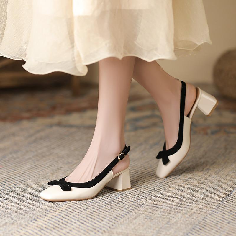 9-2 studiolee bow back strap thick heel shoes square head shallow mouth single shoes
