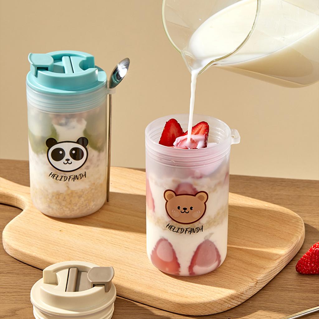 350Ml Cute Breakfast Cups With Lid & Spoon Portable Reusable Leak Proof Salad Yogurt Cup Oat Containers Microwave Safe