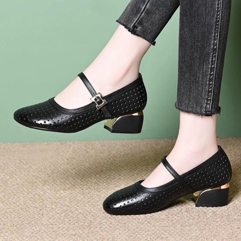 Printemps bouche peu profonde creux Mary Jane boucle ceinture un mot polyvalent confortable talon épais rétro chaussures simples semelle souple chaussures à trous