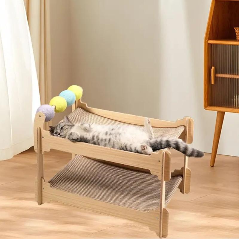 Stable Cats Bed 2 Tiered Design Sisal Scratching Post Wood Base Scratch Resistant Pet Resting House Furniture Protector