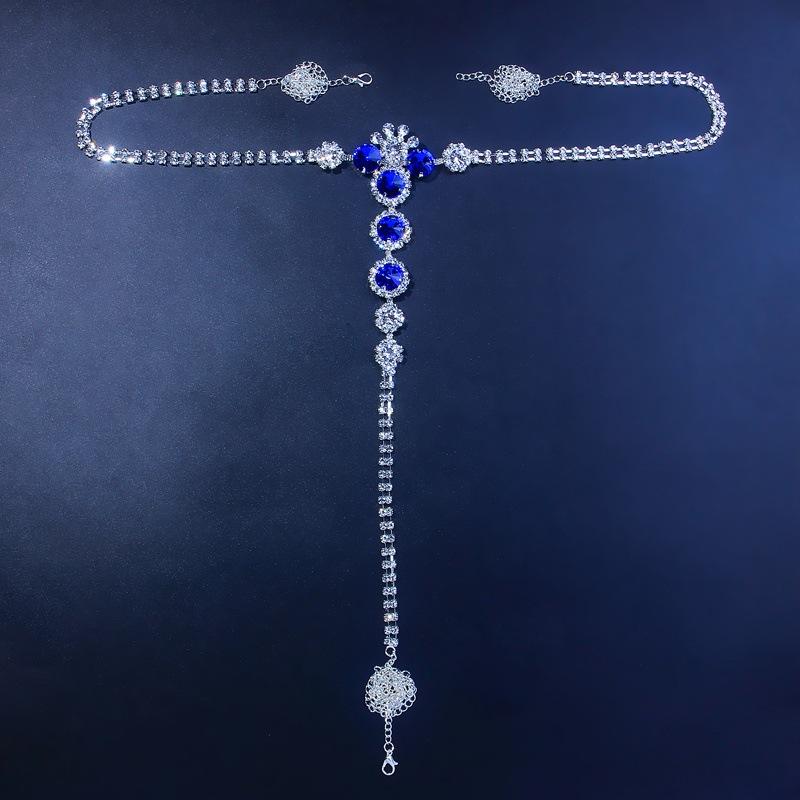 Dropshipping 2021 Neues Blaues Kristall-Brustwarzenketten-Set Diamant-Strass-Bikini-Tanga-Höschen Bauch-Körperkette blue