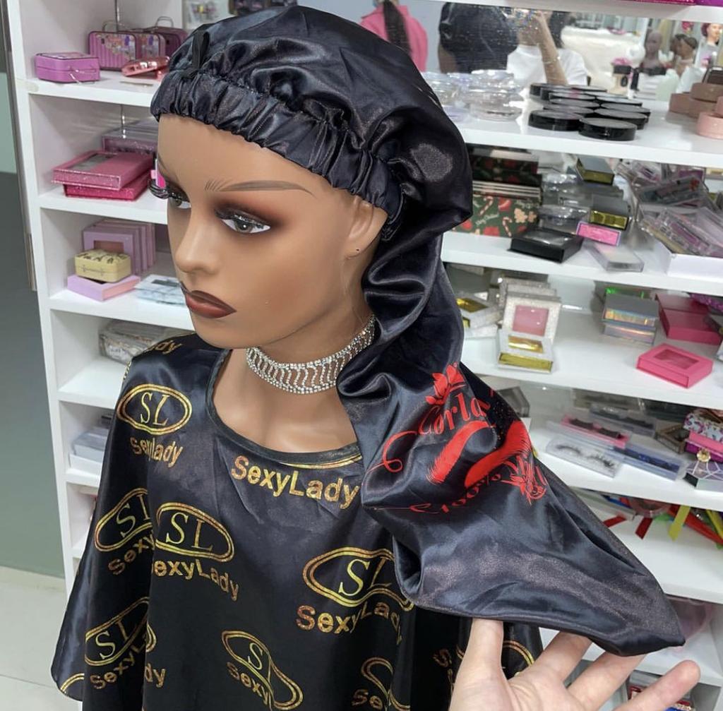 No Moq High Quality Long Bonnets for Braids Satin Bonnet Custom Logo Silk Bonnet with Button