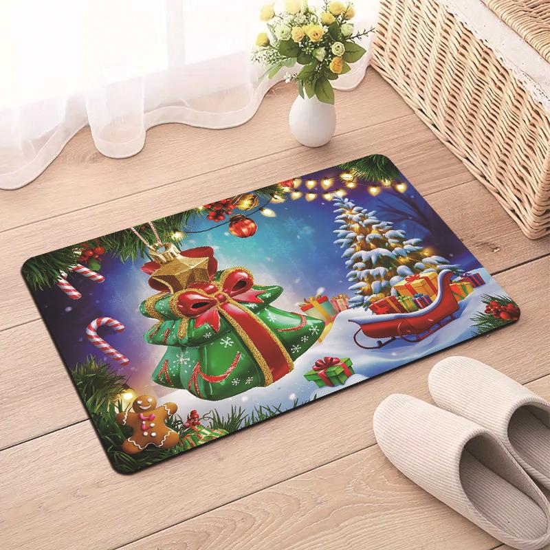 Christmas Traditional Fairy Tale Santa Claus Snowman Tree House Festive Decorative Carpet Rug For Home Decor Holiday Decoration