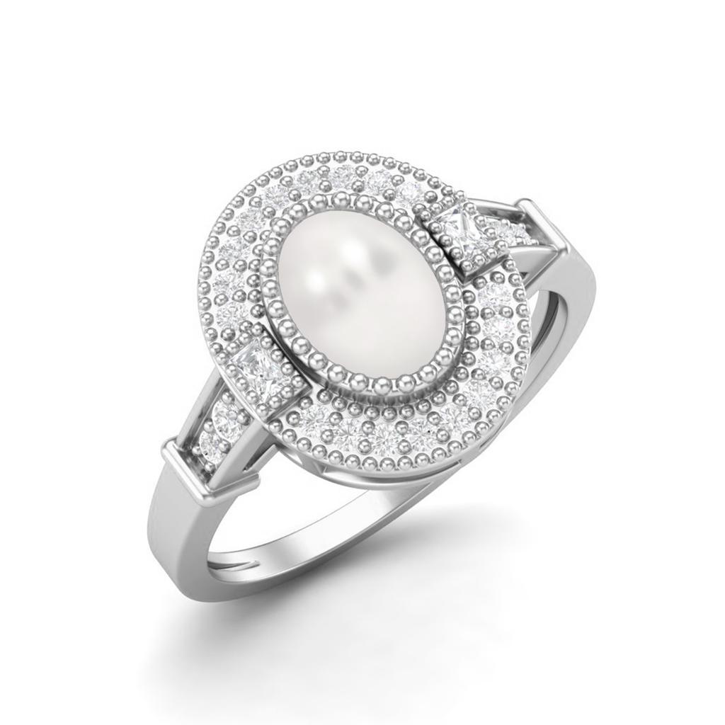1.48 Ctw Oval Shape Pearl 925 Sterling Silver Solitaire Halo Women Bridal Ring