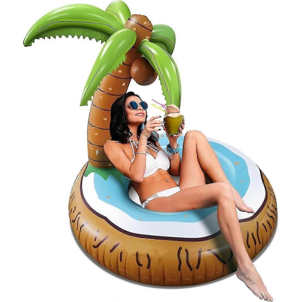 120cm Inflatable Swimming Ring with Palm Tree, Coconut Design, Blue/Brown