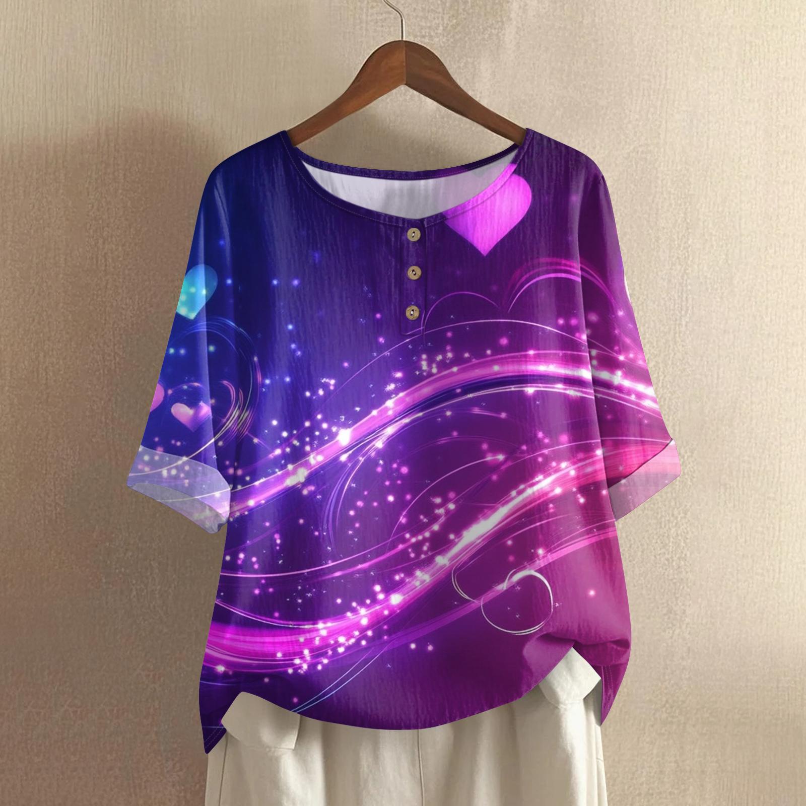 

Women s Casual And Comfortable Mid-Length Round-Neck Fashion Print Cotton-Linen Top S фіолетовий