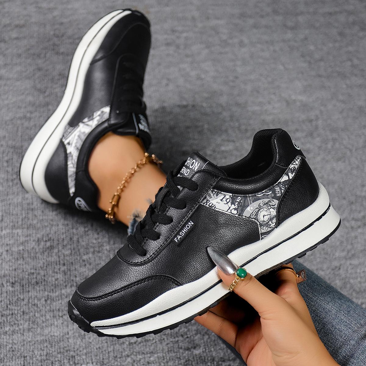 

Модная женская повседневная спортивная обувь Модные кроссовки на платформе со шнуровкой и боковой молнией Женские легкие нескользящие вулканизированные туфли Большой размер 35 чёрный