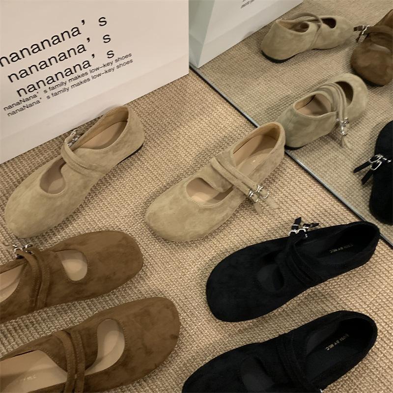 Vintage Matte Piboken Shoes Women's Thick-soled Round-head Mary Jane Shoes Ballet Single Shoes Shallow-mouth Low-top Flat-soled Grandma Shoes