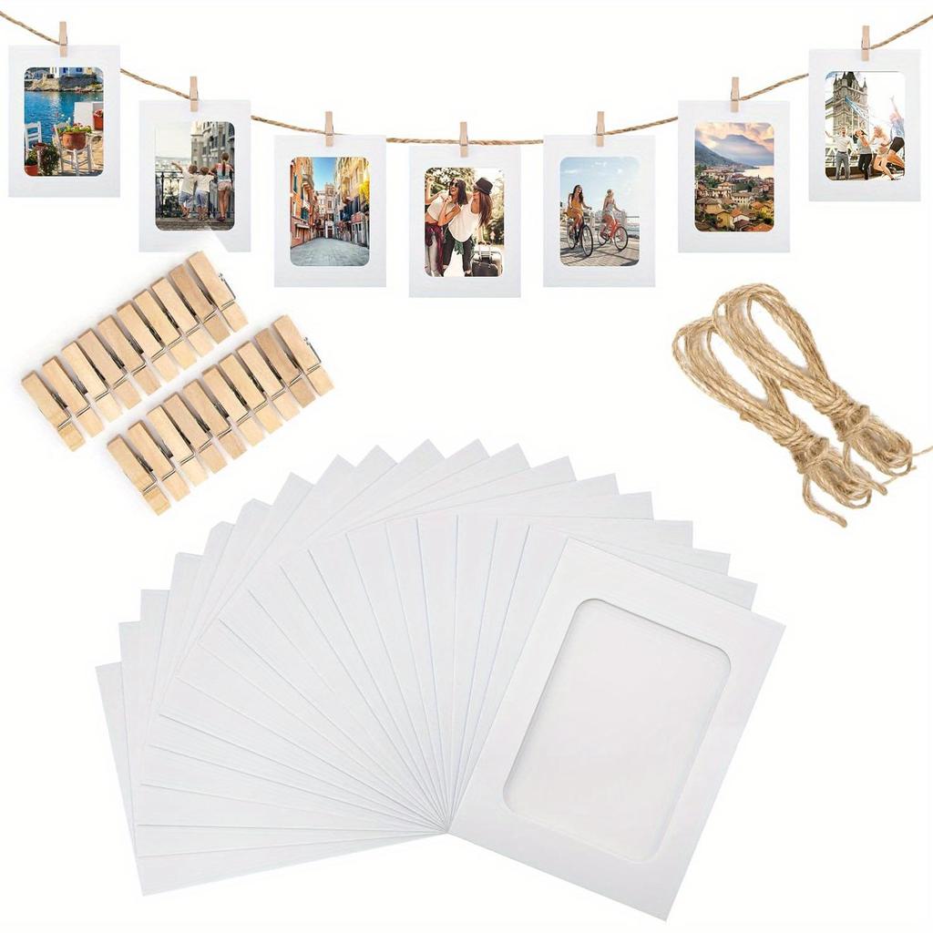 20 Photo Albums, 20 Clips and 2 Rolls of Jute Cord Paper Frame Set, Hanging Photo Display Banner, Suitable for Home, Wedding and Party Decorations