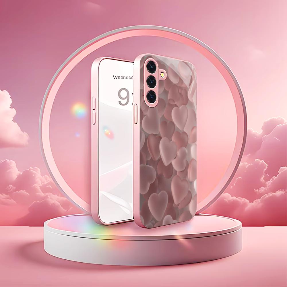 Pink heart-shaped glass phone case suitable for Samsung Galaxy S26 S25 S24 S23 S22 S20 FE/Ultra/Plus anti drop back cover