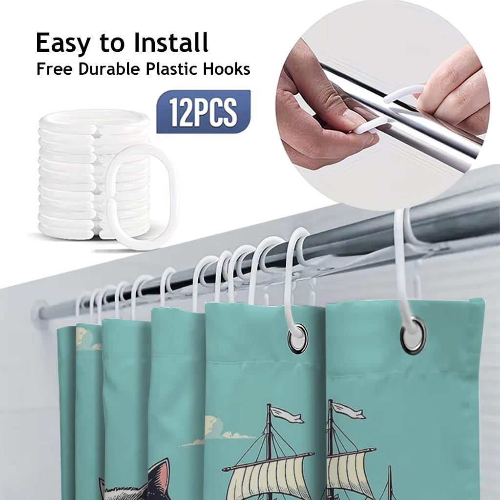 Funny Black Cat Riding Shark Shower Curtain, Vintage Nautical Ocean Sailing Ship Decor, Retro Art Fabric Bathroom Curtain