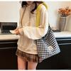 Women Contrast Color Lattice Magnetic Buckle Bucket Bag Leisure Canvas Cloth Shoulder Bags Tote Handbag