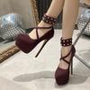 Fashion Liyke Big Size 43 44 45 Women Pumps Solid Black Round Toe Metal Rivet Ankle Hook Strap Platform High Heels Wedding Banquet Shoes