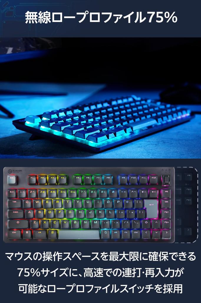 Elecom Gaming Keyboard V Custom VK520 Lowepro Bluetooth 2.4Ghz Wireless Wired Detachable Mechanical 75% Size Black TK-VK520LLBK